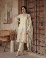 Cream Mul Chanderi Silk A-Line Suit Set with Floral Print