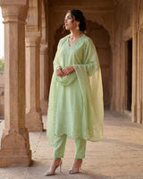 Pastel Green Silk Blend Straight Suit Set
