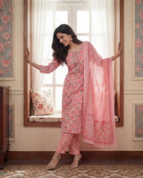 Pastel Pink Floral Printed Cotton Suit Set