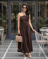 Chocolate Brown Halter Neck Smocked Long Dress