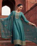 Turquoise Blue Vichitra Kalidaar Silk Suit Set