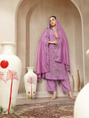 Lavender Mul Chanderi Silk Embroidered Suit Set