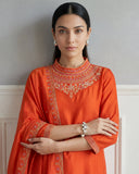Tangerine Orange Embroidered Silk Blend Suit Set