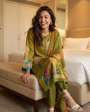Olive Green Pure Cotton Suit Set with Sequins & Piping Work