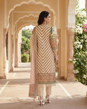 Ivory Pink Floral Print Cotton Suit Set with Beads And Stones Lace