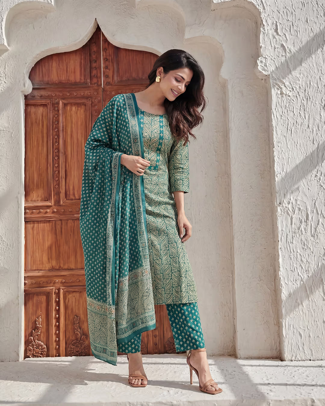 Teal Green Embroidered Cotton Suit Set