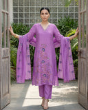 Lavender Mul Chanderi Silk Embroidered Suit Set