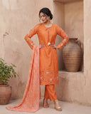 Rust Mul Chanderi Silk Embroidered A-Line Suit Set