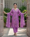 Lavender Mul Chanderi Silk Embroidered Suit Set