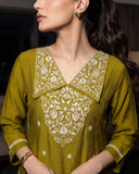 Lime Green Mul Chanderi Silk A-Line Suit Set with Thread & Sequin Work