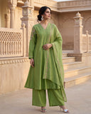 Moss Green Roman Silk Embroidered Anarkali Suit Set