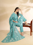 Ocean Blue Cotton Floral Print Suit Set