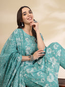 Ocean Blue Cotton Floral Print Suit Set