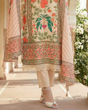 Ivory Pink Floral Print Cotton Suit Set with Beads And Stones Lace