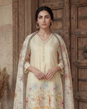 Cream Mul Chanderi Silk A-Line Suit Set with Floral Print