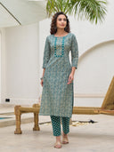 Teal Green Embroidered Cotton Suit Set