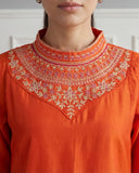 Tangerine Orange Embroidered Silk Blend Suit Set