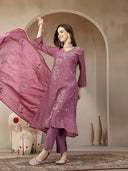 Purple Chanderi Silk Kantha Work Suit Set