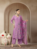 Lavender Mul Chanderi Silk Embroidered Suit Set
