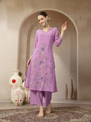 Lavender Mul Chanderi Silk Embroidered Suit Set