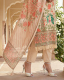 Ivory Pink Floral Print Cotton Suit Set with Beads And Stones Lace