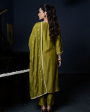 Lime Green Mul Chanderi Silk A-Line Suit Set with Thread & Sequin Work