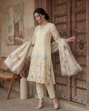 Cream Mul Chanderi Silk A-Line Suit Set with Floral Print