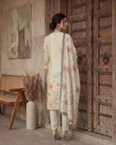 Cream Mul Chanderi Silk A-Line Suit Set with Floral Print