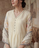 Cream Mul Chanderi Silk A-Line Suit Set with Floral Print 