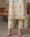 Cream Mul Chanderi Silk A-Line Suit Set with Floral Print