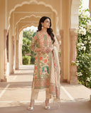 Ivory Pink Floral Print Cotton Suit Set with Beads And Stones Lace