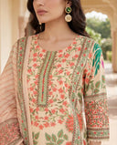 Ivory Pink Floral Print Cotton Suit Set with Beads And Stones Lace