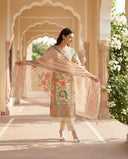 Ivory Pink Floral Print Cotton Suit Set with Beads And Stones Lace