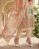 Ivory Pink Floral Print Cotton Suit Set with Beads And Stones Lace