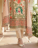 Ivory Pink Floral Print Cotton Suit Set with Beads And Stones Lace