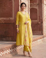 Mustard Yellow Embroidered Chanderi Silk Suit Set