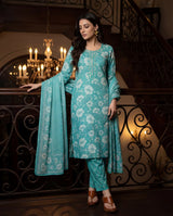 Ocean Blue Cotton Floral Print Suit Set