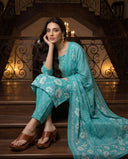 Ocean Blue Cotton Floral Print Suit Set