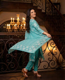 Ocean Blue Cotton Floral Print Suit Set