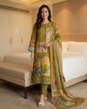 Olive Green Pure Cotton Suit Set with Sequins & Piping Work