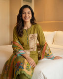 Olive Green Pure Cotton Suit Set with Sequins & Piping Work