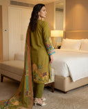 Olive Green Pure Cotton Suit Set with Sequins & Piping Work