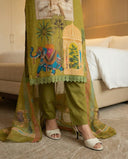 Olive Green Pure Cotton Suit Set with Sequins & Piping Work