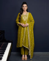 Olive Muse Mul Chanderi Silk A-Line Suit Set with Thread & Sequin Work