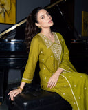 Olive Muse Mul Chanderi Silk A-Line Suit Set with Thread & Sequin Work