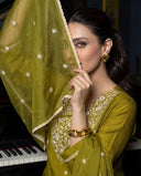 Olive Muse Mul Chanderi Silk A-Line Suit Set with Thread & Sequin Work
