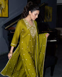 Olive Muse Mul Chanderi Silk A-Line Suit Set with Thread & Sequin Work