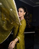 Olive Muse Mul Chanderi Silk A-Line Suit Set with Thread & Sequin Work
