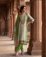 Sage Green Viscose Silk Straight Suit Set with Paisley Print