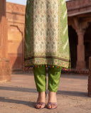Sage Green Viscose Silk Straight Suit Set with Paisley Print
